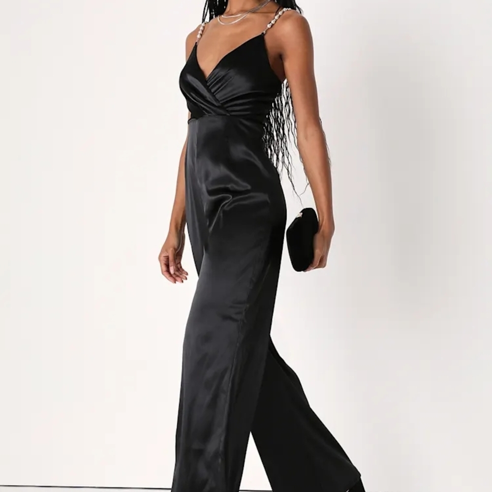 Lulus Chic Black Satin Jumpsuit